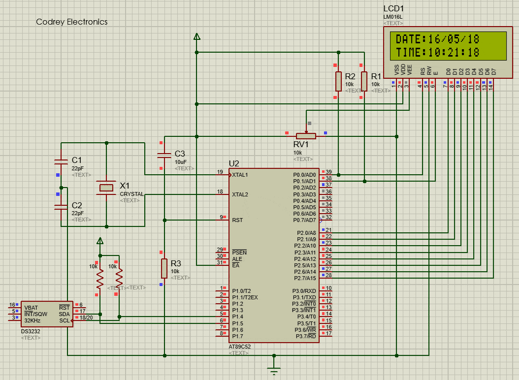 Interfacing RTC DS3231 with 8051 Microcontroller - Schematic
