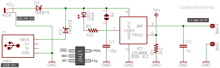 Solar and USB Li-ion Charger Circuit