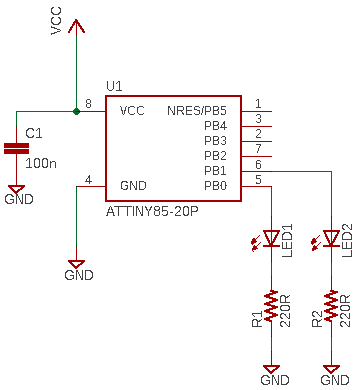 ATtiny85 Bicolor LED Fader Schematic