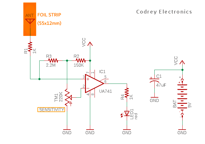 uA741 Live Wire Detector Schematic